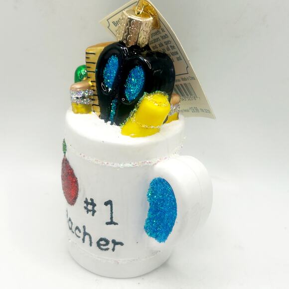 Old World Christmas Best Teacher Mug Hand Blown Glass Christmas Ornament w Tags - Picture 4 of 5
